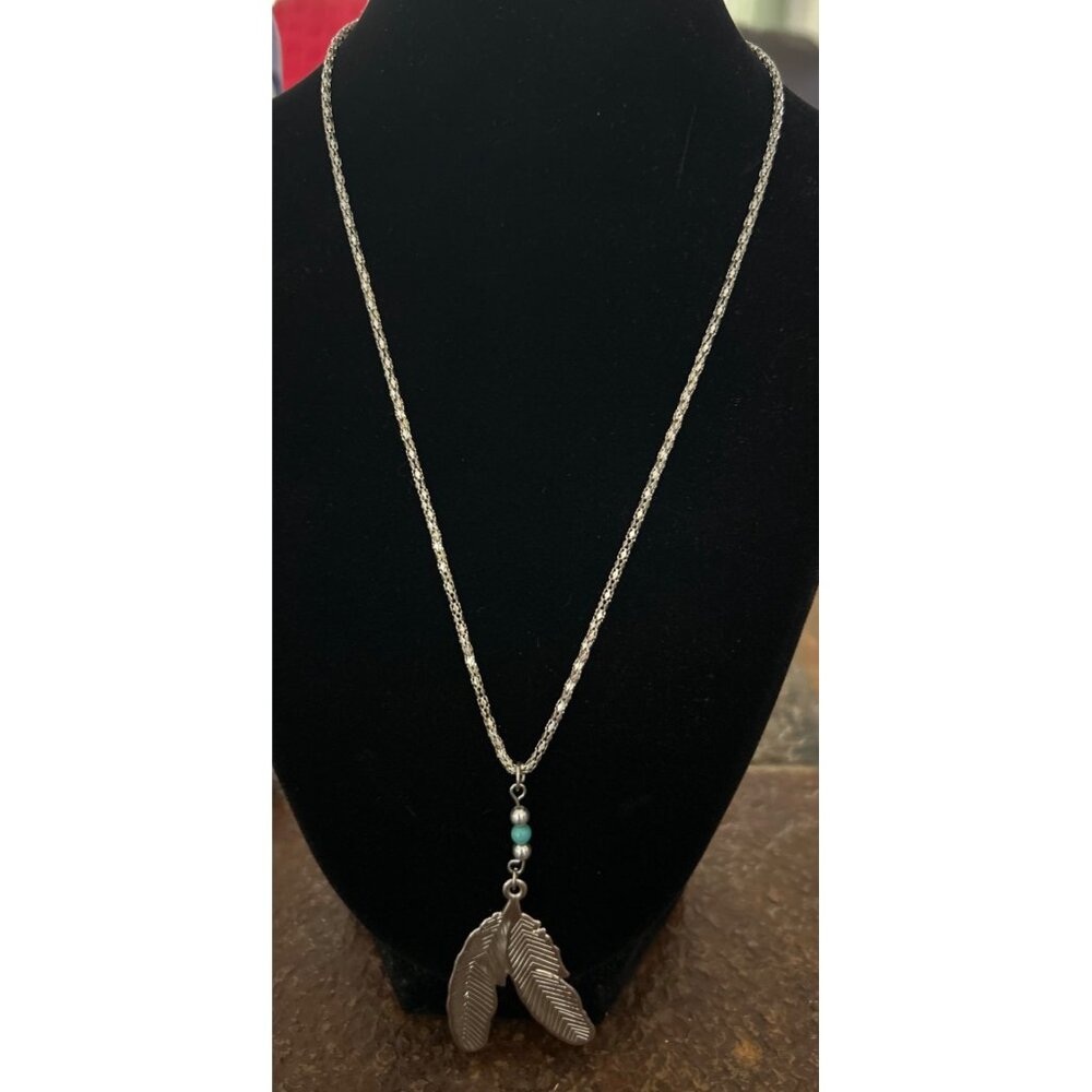 Feather Pendant Silver Tone Necklace With Beads & Lobster Clasp - 18”